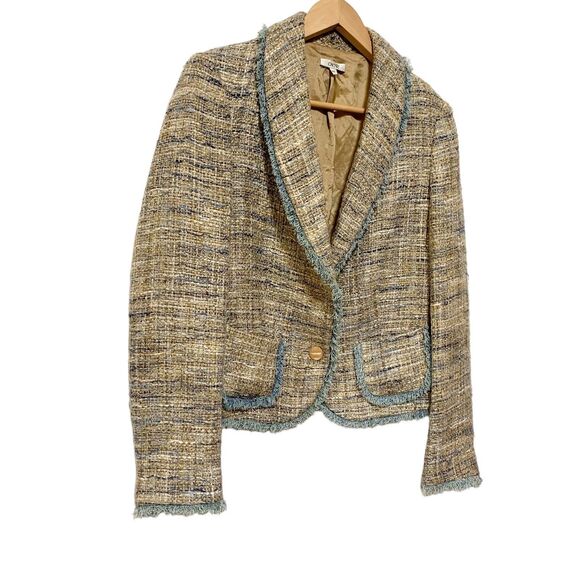 Cache Brown Blue tweed Blazer Jackets Frayed Trim Womens Size 10 - Picture 3 of 14